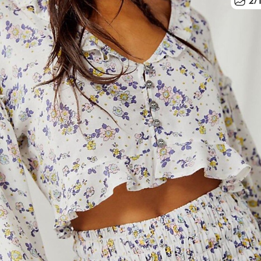 Free People Secret Garden Floral Ruffle Cropped Top Long Sleeve Blouse Lavender - Picture 4 of 13